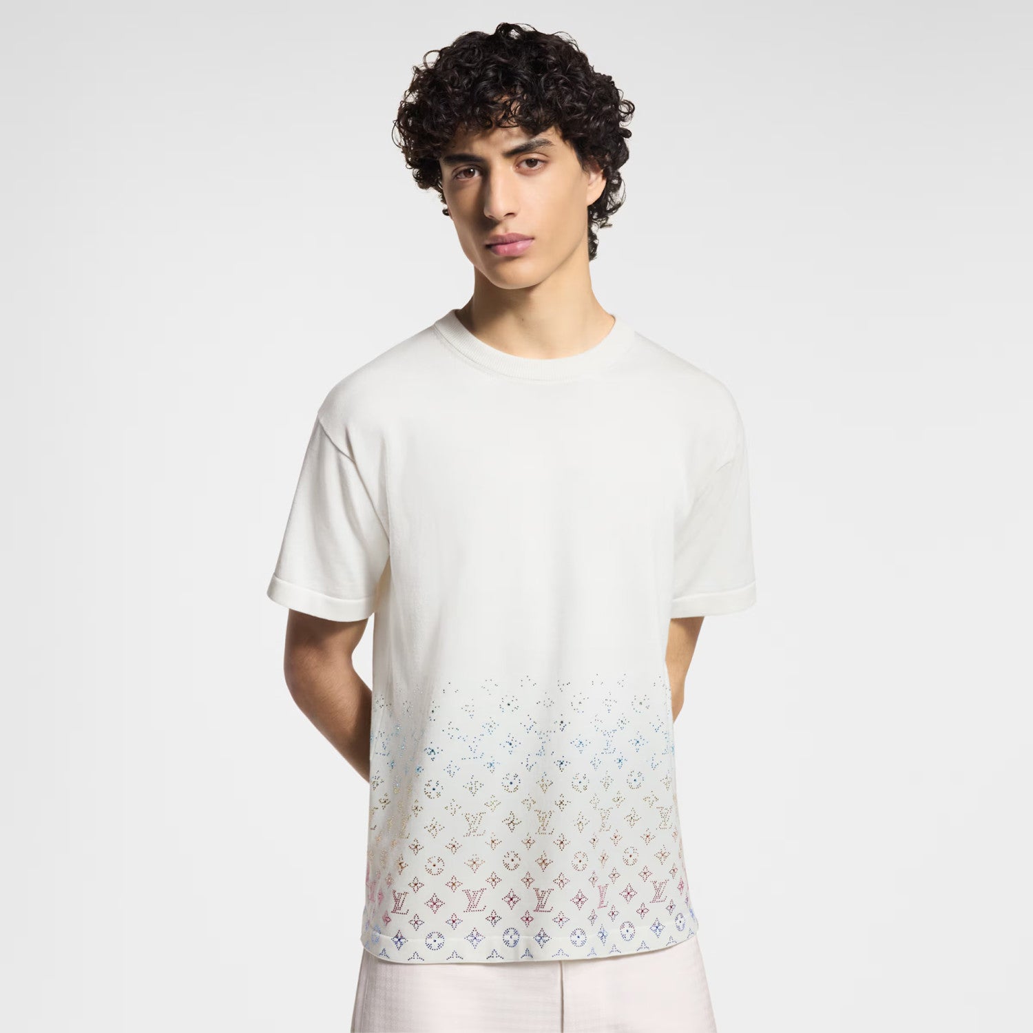 Louis Vuitton Men's Summer Colorful Diamond Letters Gradient Pattern Solid Color Round Neck Short Sleeve T-shirt #76173