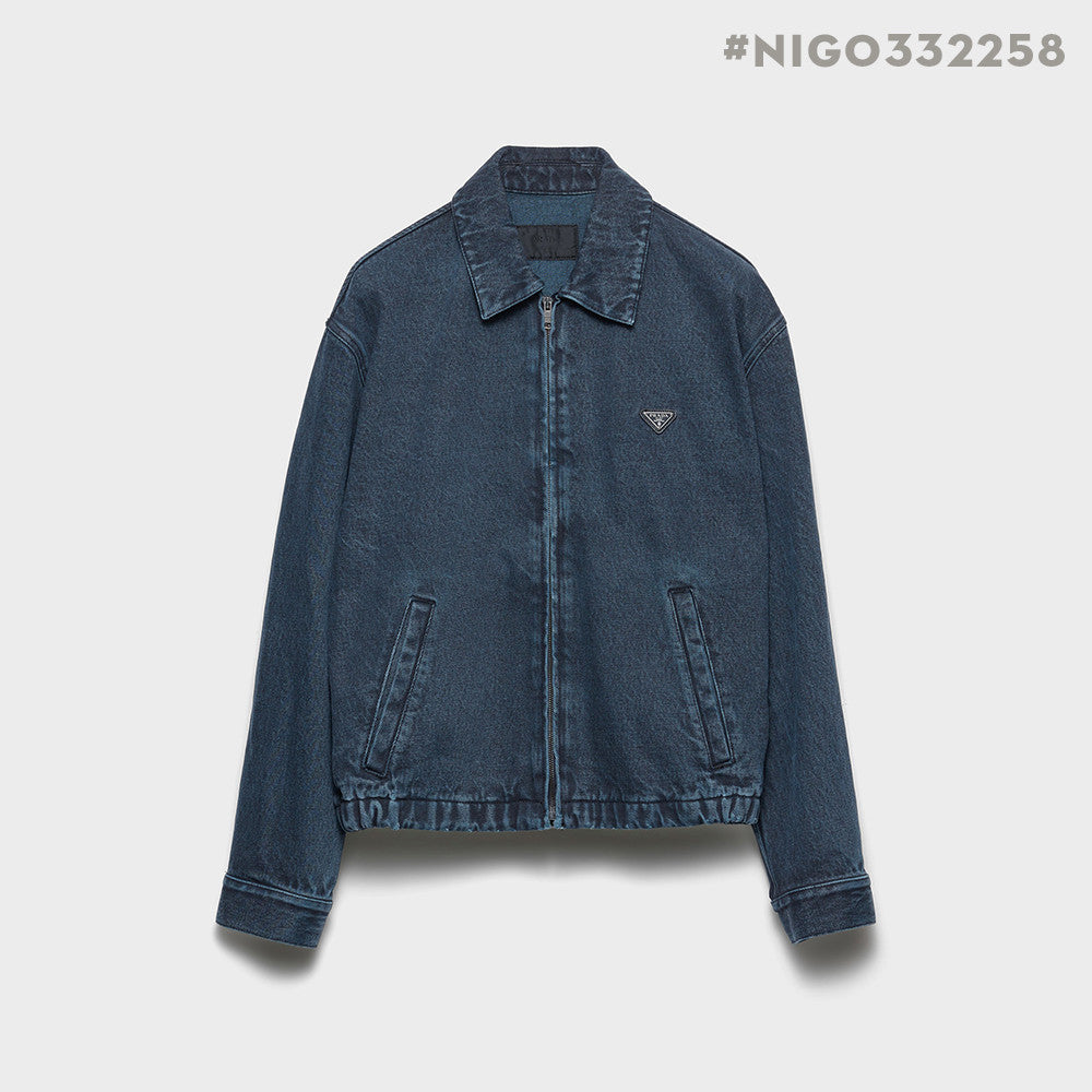 PRADA Men's Obsidian Denim Bomber Jacket Shirt-collar Zip-up Logo Long-sleeve Denim Jacket #332258
