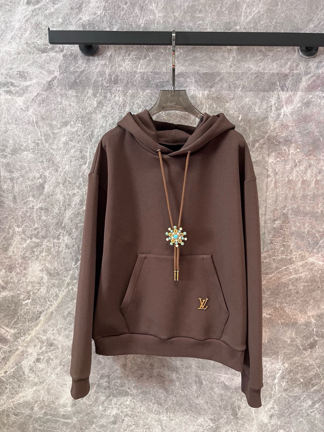 Louis Vuitton Men's Spring and Fall Brown Logo Metal Label Drawstring Hooded Sweatshirt Pullover #73122