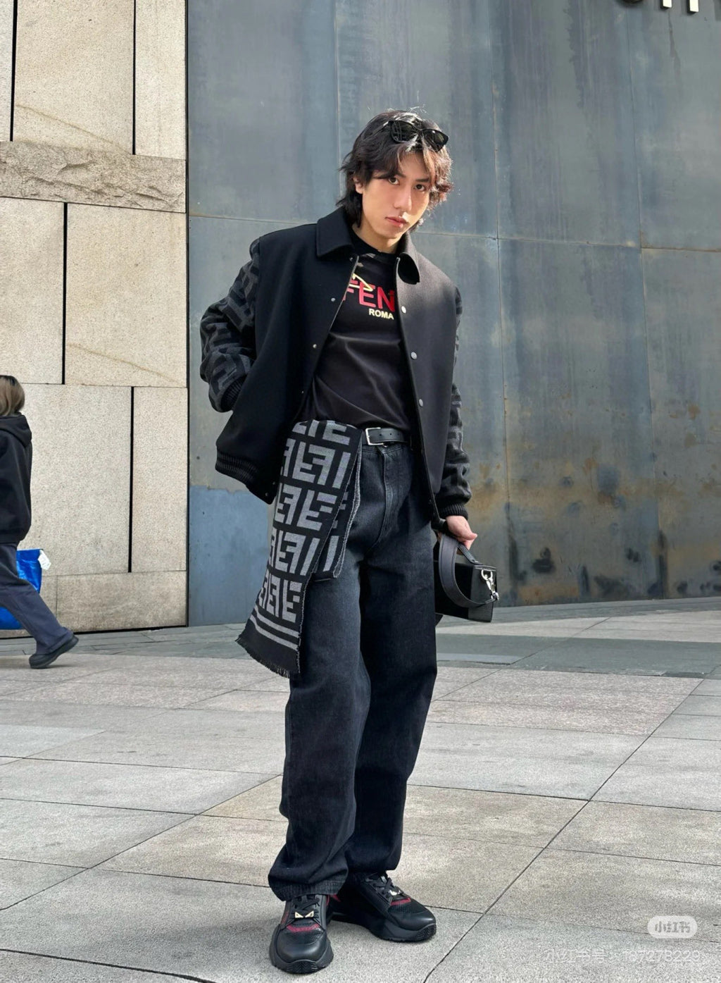 Fendi Men's Autumn/Winter Turn-Down Collar Single-Breasted Printed Long-Sleeved Baseball Jacket Black Wool Pilot Jacket #81496