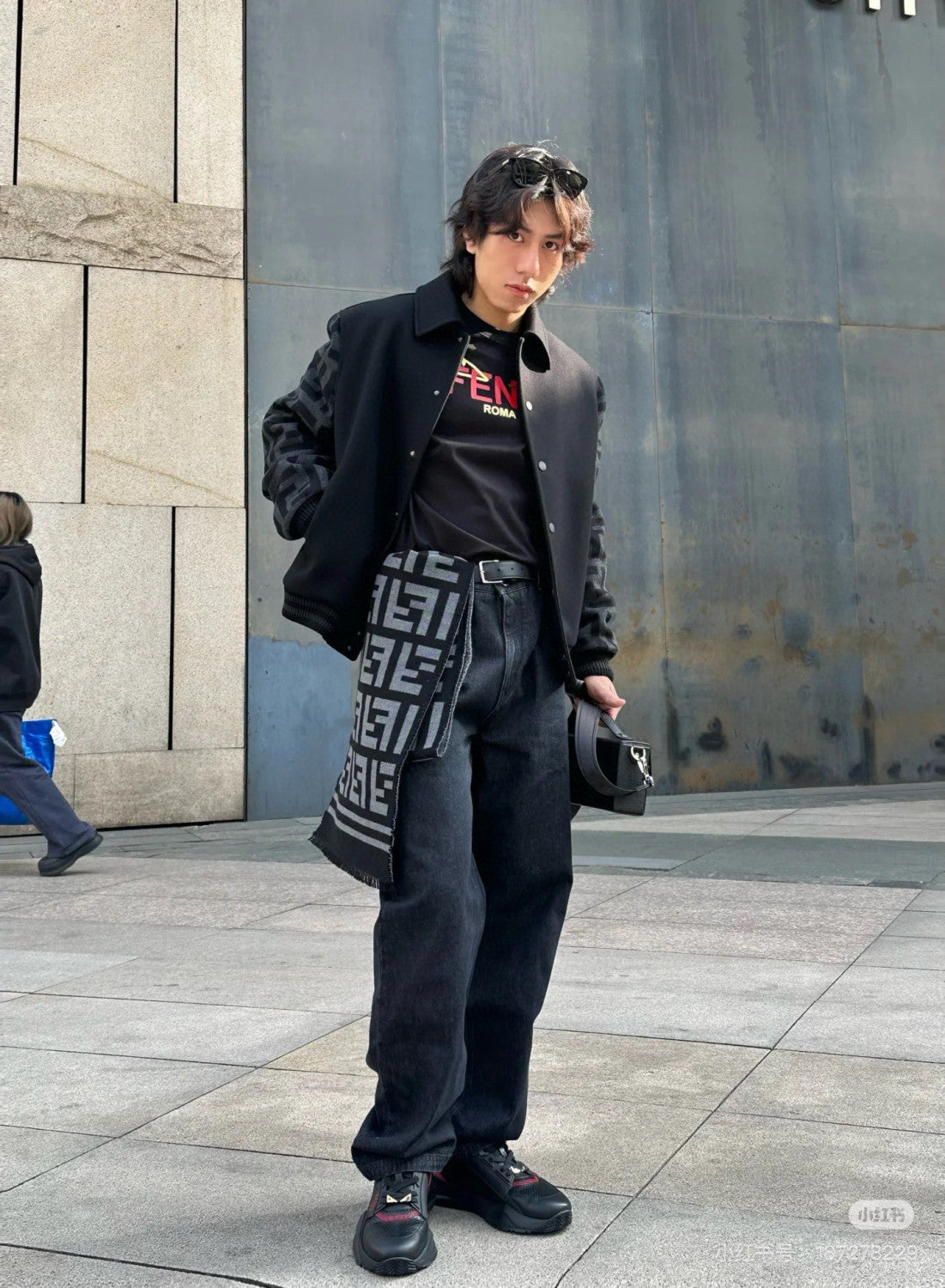 Fendi Men's Autumn/Winter Turn-Down Collar Single-Breasted Printed Long-Sleeved Baseball Jacket Black Wool Pilot Jacket #81496