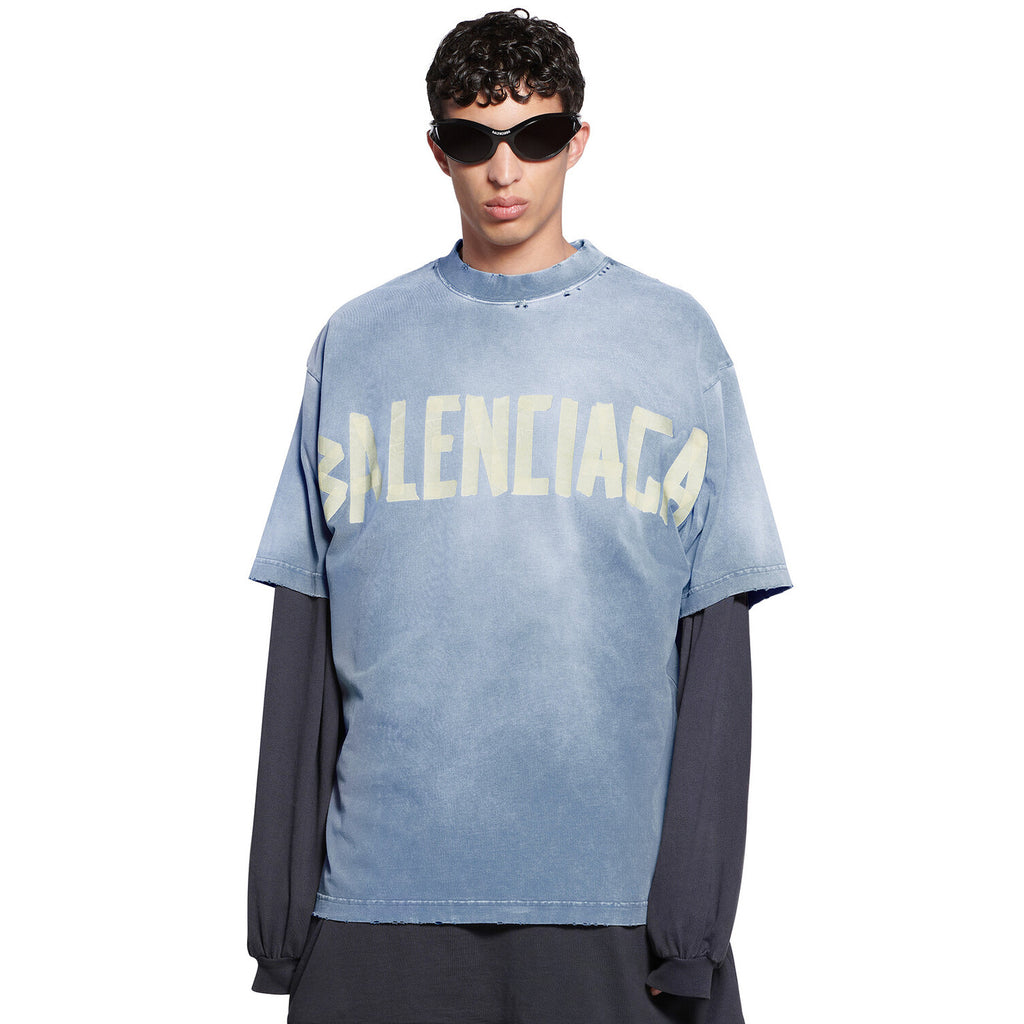 Balenciaga Men's Summer Tape Type Short Sleeved T-shirt Medium Fit Faded Blue #97268
