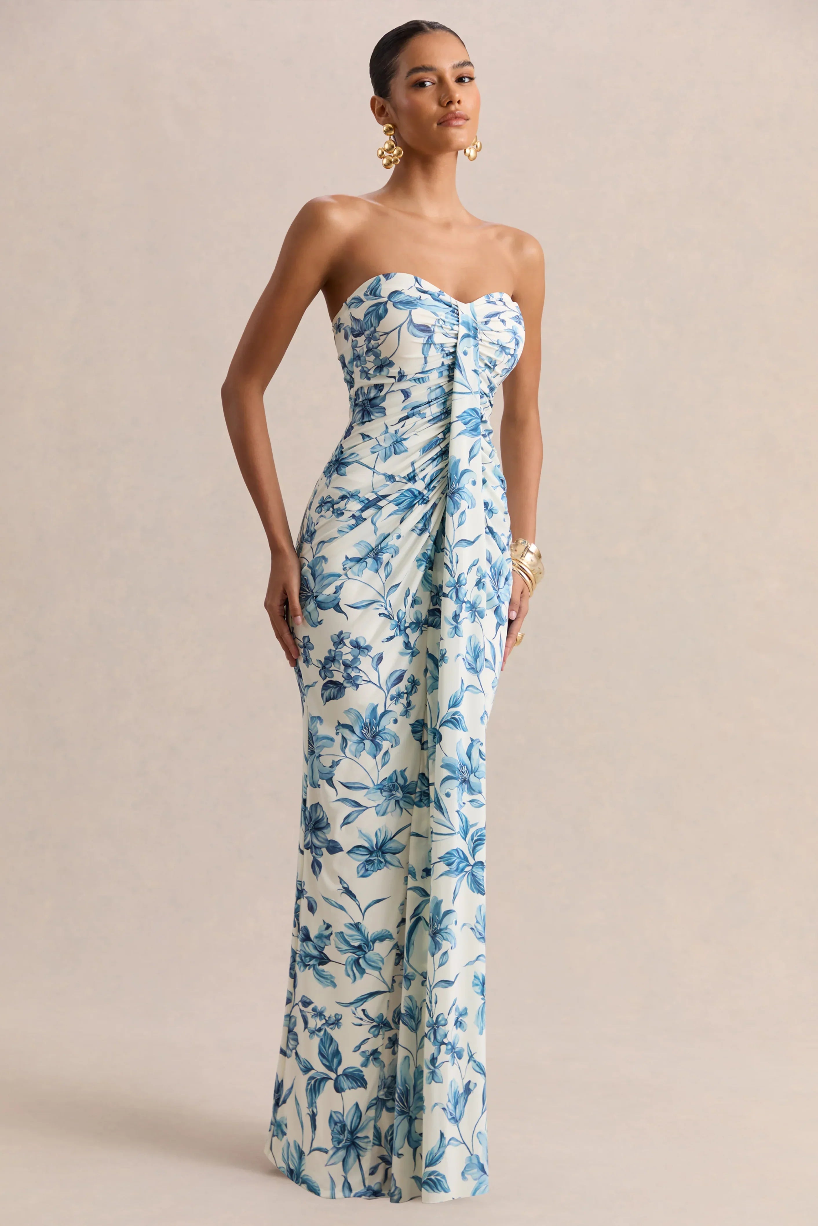Ali | Blue Porcelain Print Sweetheart Ruched Wrap Maxi Dress
