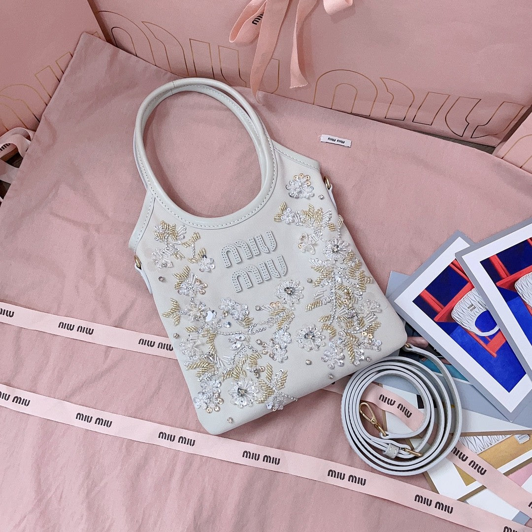 MiuMiu IVY Women's Solid Colour Floral Embroidery Steel Hardware Accessories Cotton Shoulder Crossbody Handbag Bag Bags #76742