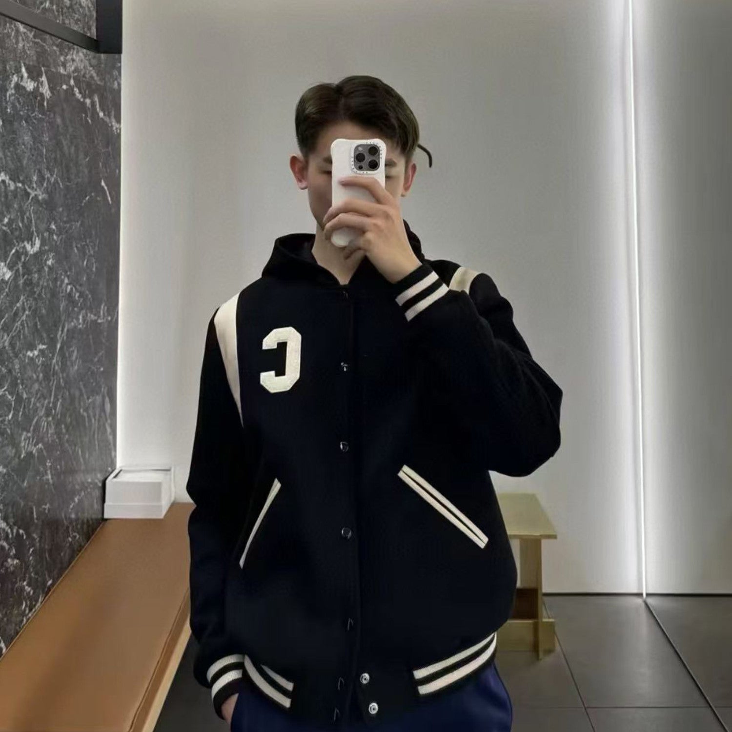 Celine Men's Spring And Autumn Colour Blocking Casual Single-breasted Jacket Logo Wool Blend Hooded Baseball Coat Jacket #71844