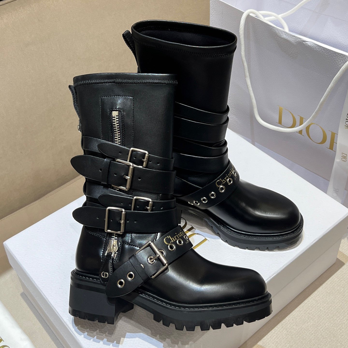 Dior D-Fight Women's Fall/Winter Fashion Classic Round-Toe Leather Ankle Boots with Chunky Heels Shoes #78764