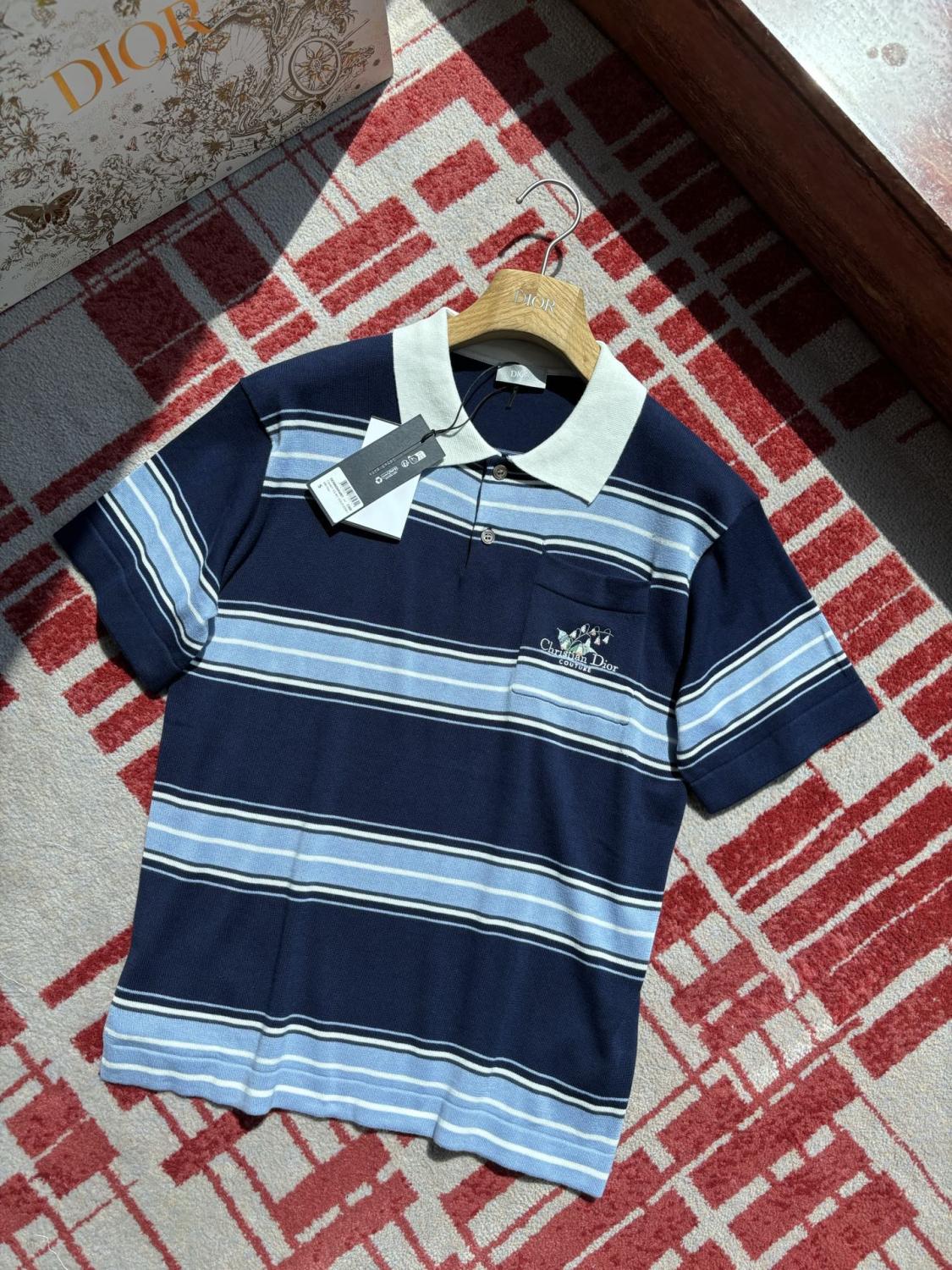 Dior Men's Summer Blue Cotton Plain Knit Fabric Suzuran Embroidery Polo Neck Short Sleeve T-Shirt #76931