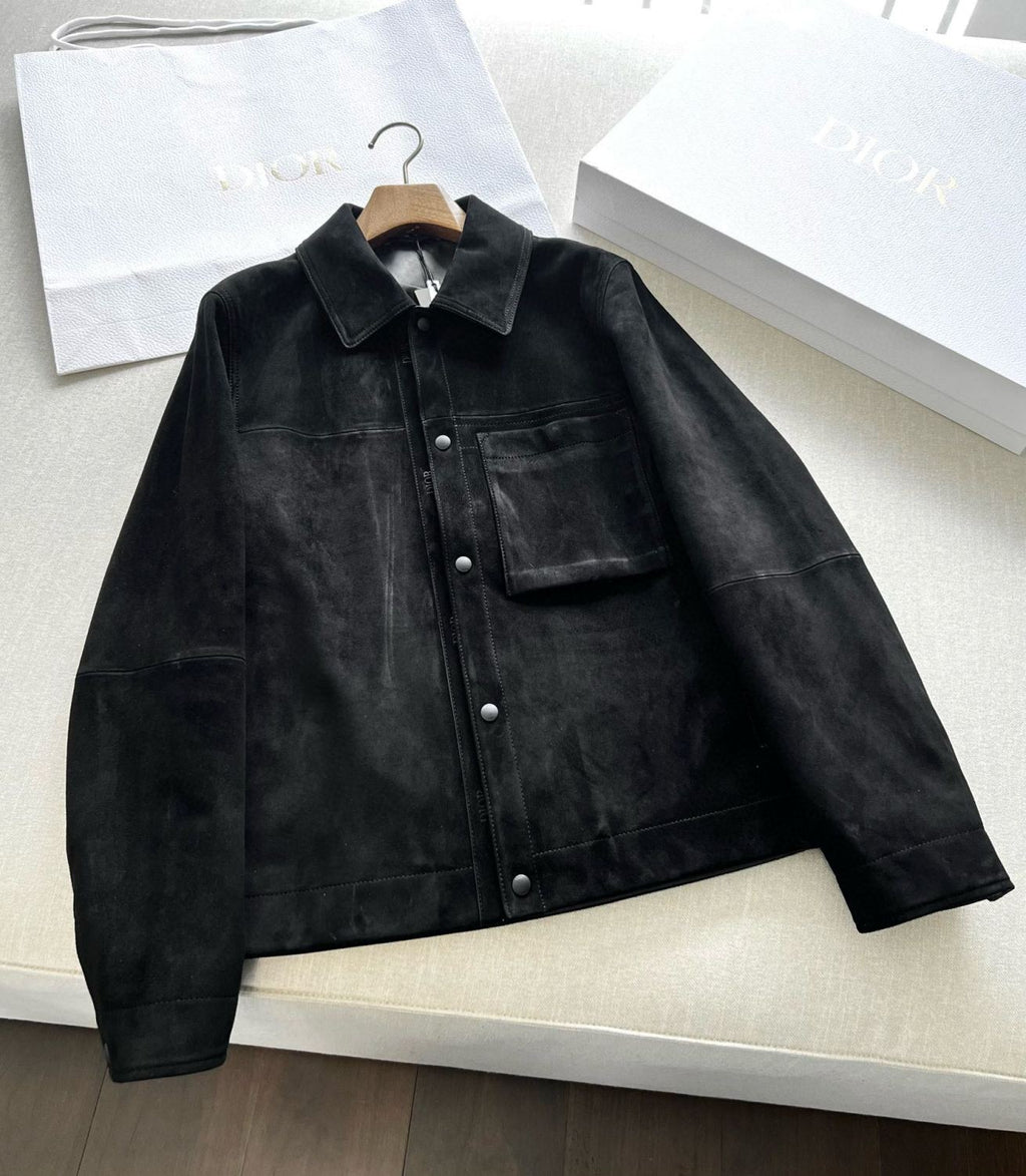 Dior Men's Fall And Winter Black Sheepskin Suede Single Breasted Long Sleeved Jacket #73646