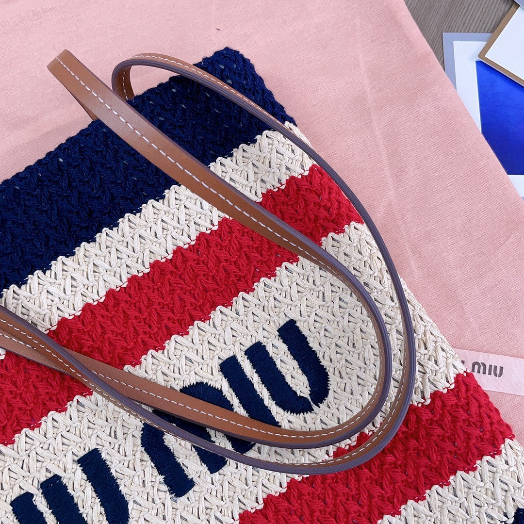 MiuMiu Women's Logo Embroidery Raffia Patchwork Cotton Thread Woven Shopping Bag Shoulder Tote Bags #76743