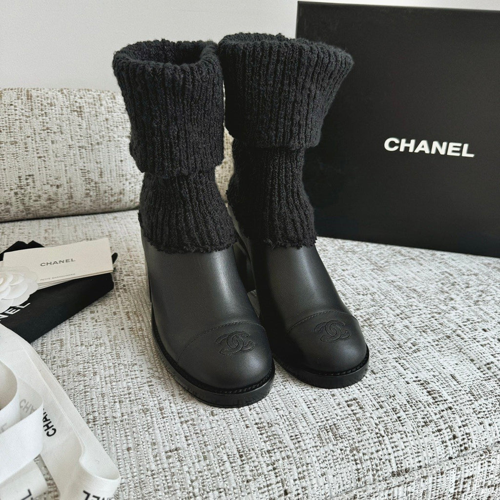 Chanel Women's Fall/winter Fashion Casual Round Toe Slip On Leather Cashmere Loop Cuff Mid Calf Boots Shoes #78536