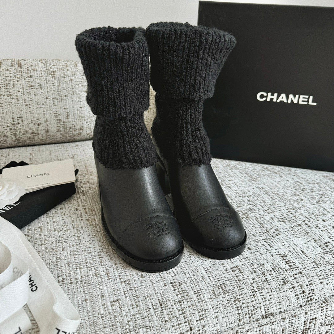 Chanel Women's Fall/winter Fashion Casual Round Toe Slip On Leather Cashmere Loop Cuff Mid Calf Boots Shoes #78536