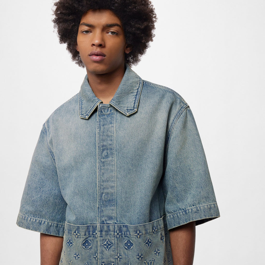 Louis Vuitton Men's Summer Fashion Casual Collared Single Button Classic Embossed Denim Short Sleeve Shirt Classic Print Zipper Mid Rise Workwear Denim Shorts Suit Set #78561