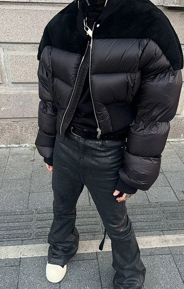 Rick Owens Men's Dark Style Short Splicing Puffer Down Jacket Autumn And Winter Solid Color Zipper Collarless Jacket #81336