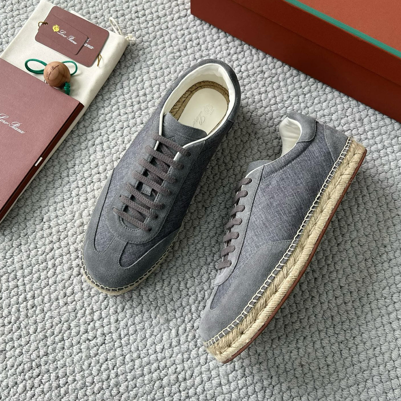 Loro Piana Men's Solid Colour Round Toe Suede and Canvas Low Top Lace-up Flat Shoes #77651