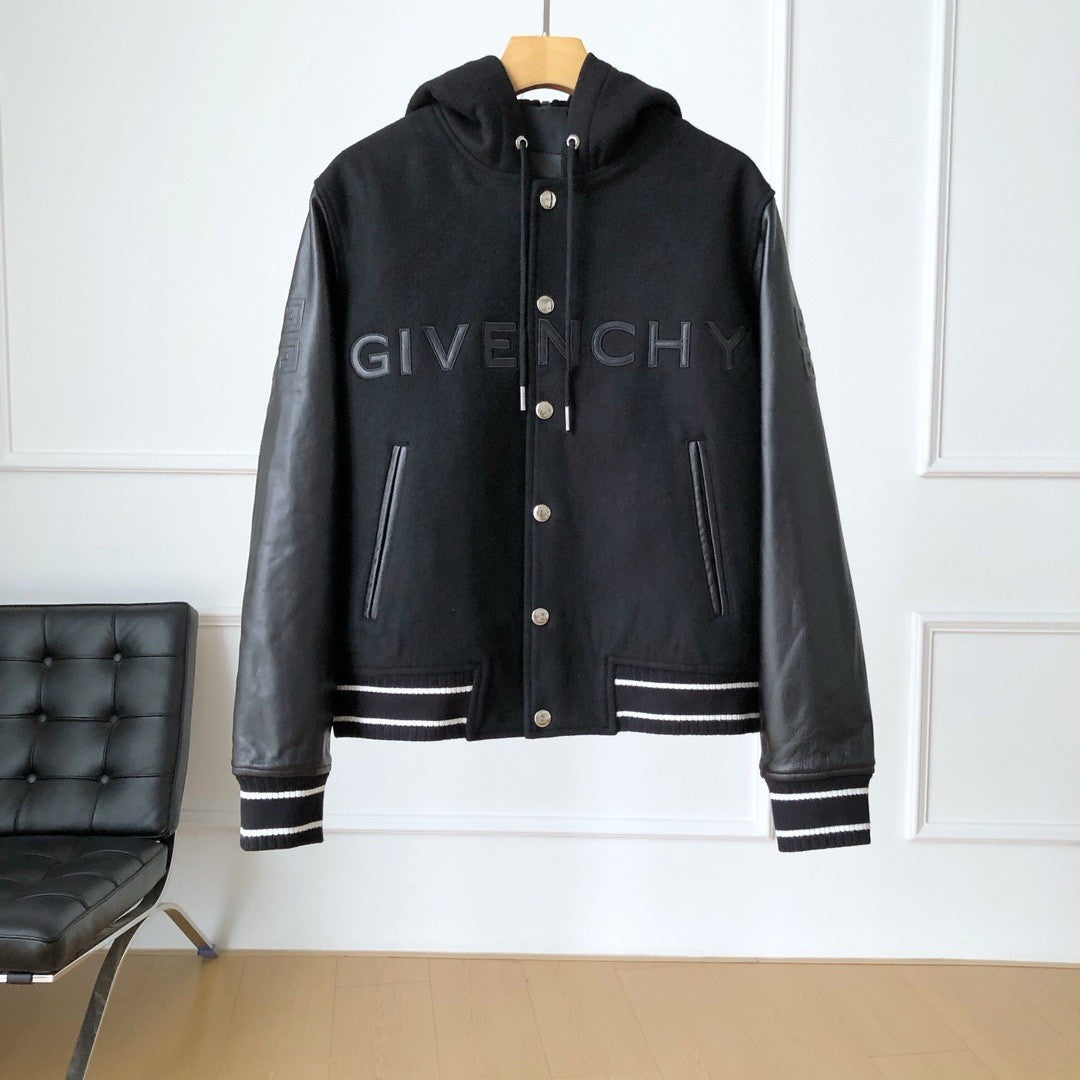 Givenchy Men's Fall/Winter Black Logo Printed Single Breasted Hooded Aviator Jacket #72996