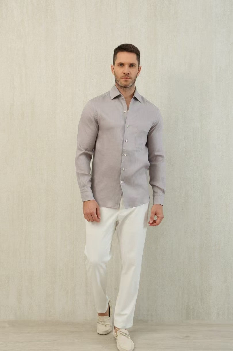 Loro Piana Men's Spring And Summer Solid Color André Shirt Lapel Single-breasted Linen Shirt Ngvp #7962