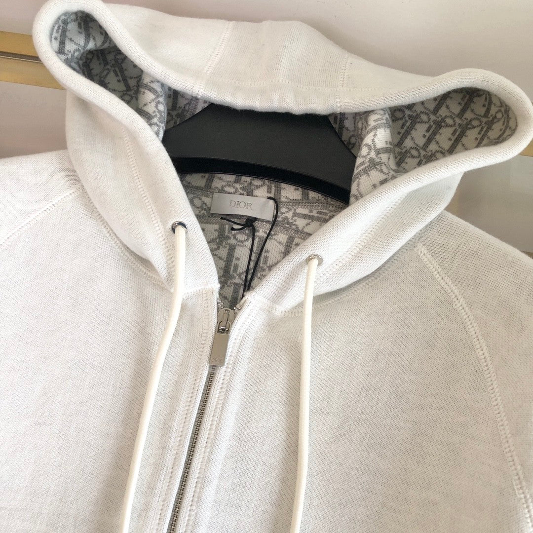 Dior Men's Autumn/Winter Monogrammed Lined Solid Color Wool Blend Hooded Zip-Up Jacket #72348