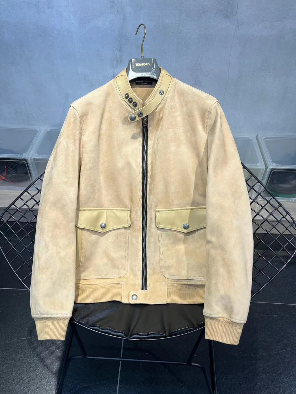 Tom Ford Men's Winter Khaki Stand Collar Zipper Long Sleeve Regular Fit Suede Pilot Jacket #98472