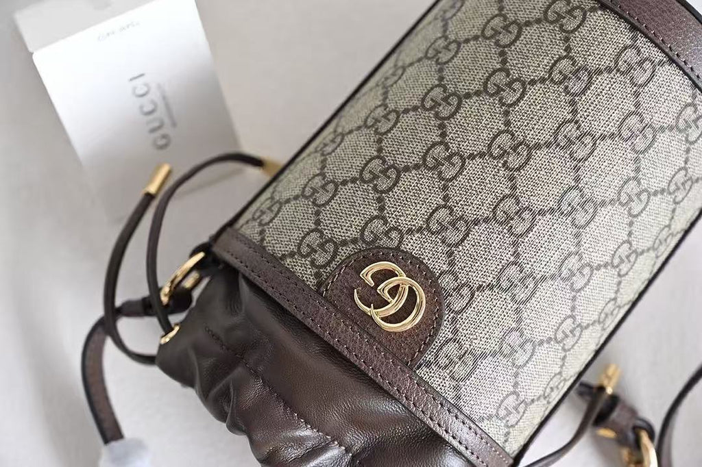 Gucci Ophidia Women's Brown Adjustable Shoulder Strap Drawstring Closure Canvas Spell Leather Bucket Bag Single Shoulder Crossbody Handbag Bags #75549