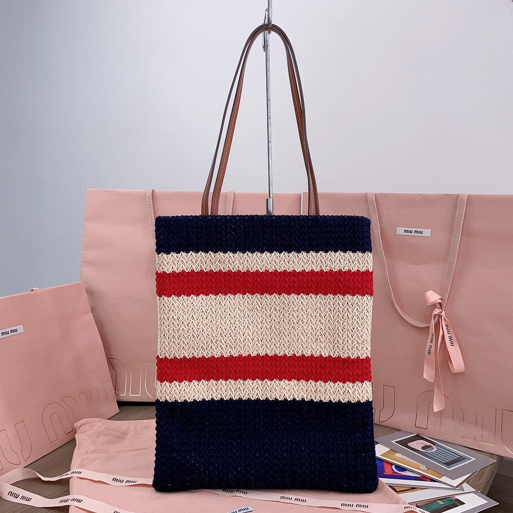 MiuMiu Women's Logo Embroidery Raffia Patchwork Cotton Thread Woven Shopping Bag Shoulder Tote Bags #76743