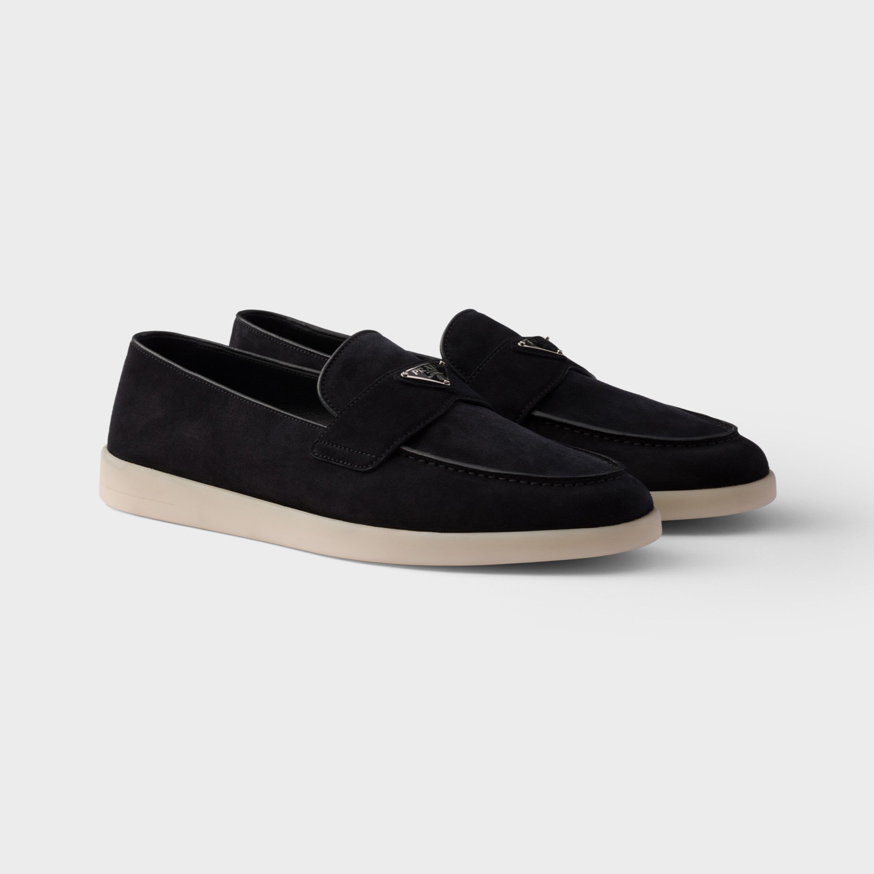 Prada Men's And Women's Spring/Summer Solid Color Fashionable Casual Round Toe Slip On Loafers In Cow Suede With Triangular Logo Shoes #78267