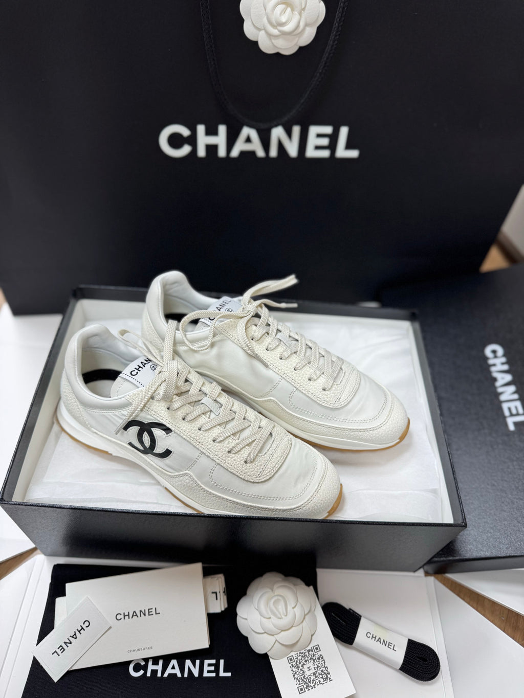 CHANEL Trainers Fabric Embossed Suede Calfskin White Black #381215