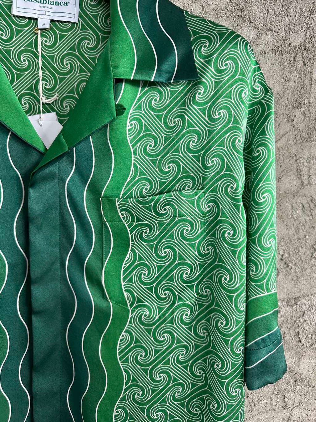 Casablanca Men's Summer Green Line Wave Print Lapel Single Breasted Short Sleeve Shirt Drawstring Tie Shorts Set Suit #73575