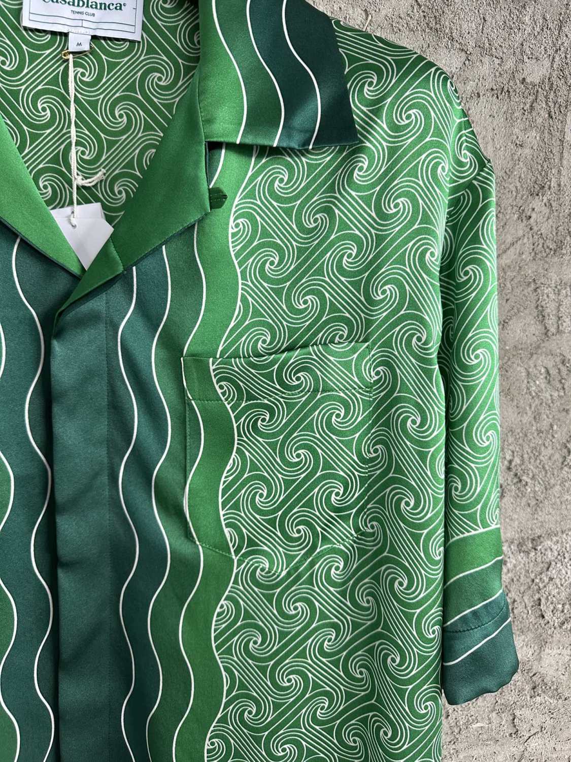 Casablanca Men's Summer Green Line Wave Print Lapel Single Breasted Short Sleeve Shirt Drawstring Tie Shorts Set Suit #73575