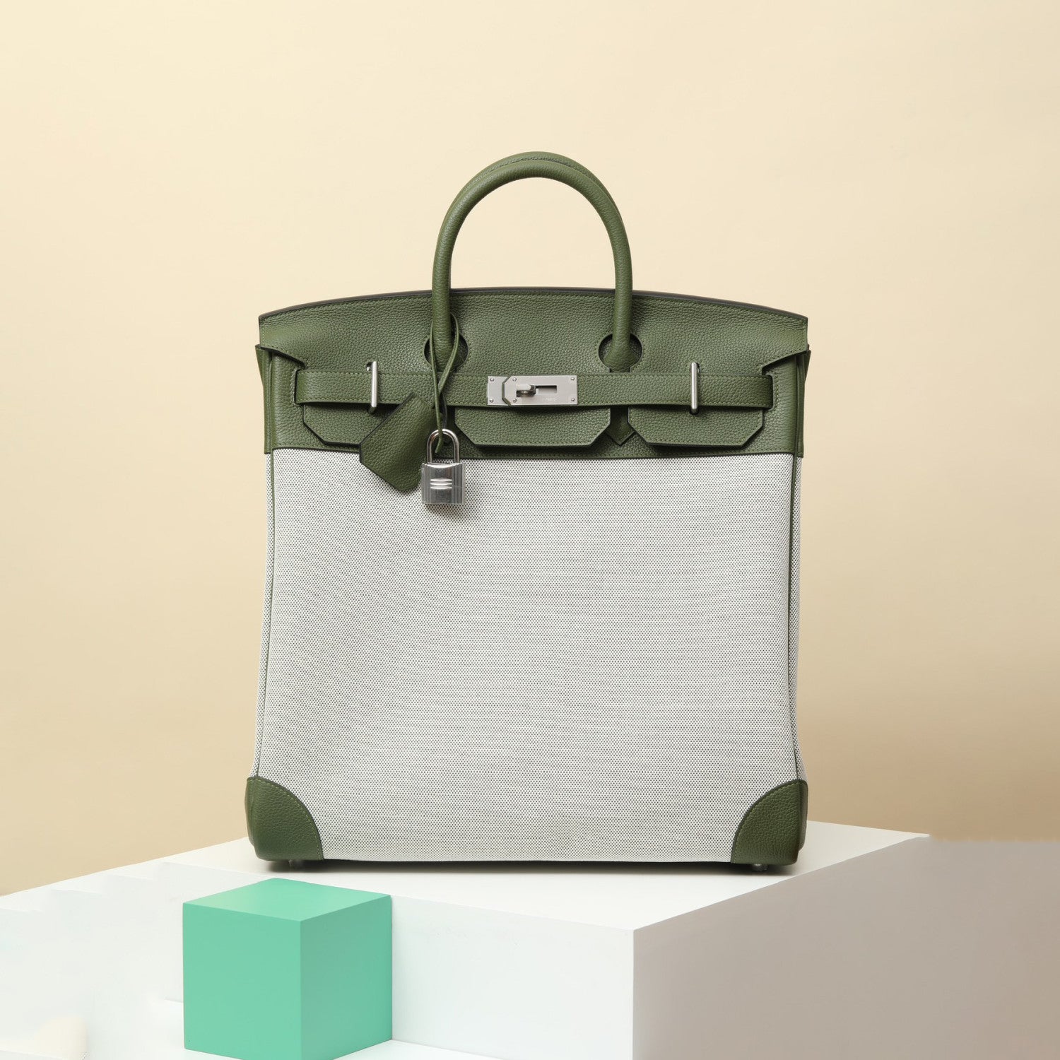Hermes HacHaut A Courroies 40 HACG40 Women's Silver Buckle Canvas And Cowhide Colour Blocked Handbag Bag Bags #77113