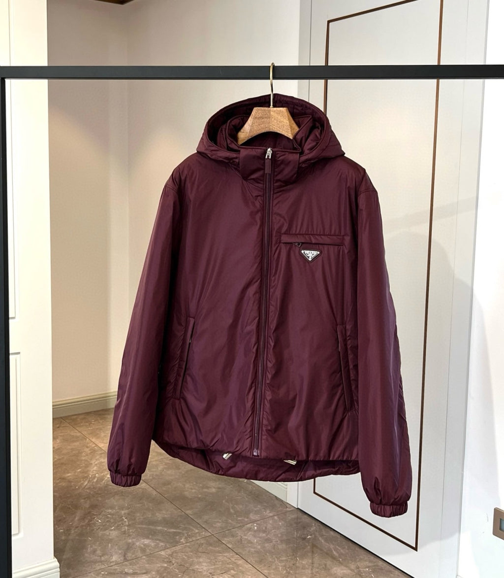 Prada Men's Autumn and Winter Solid Color Single Breasted Hooded Nylon Puffer Down Long Sleeve Jacket #73912