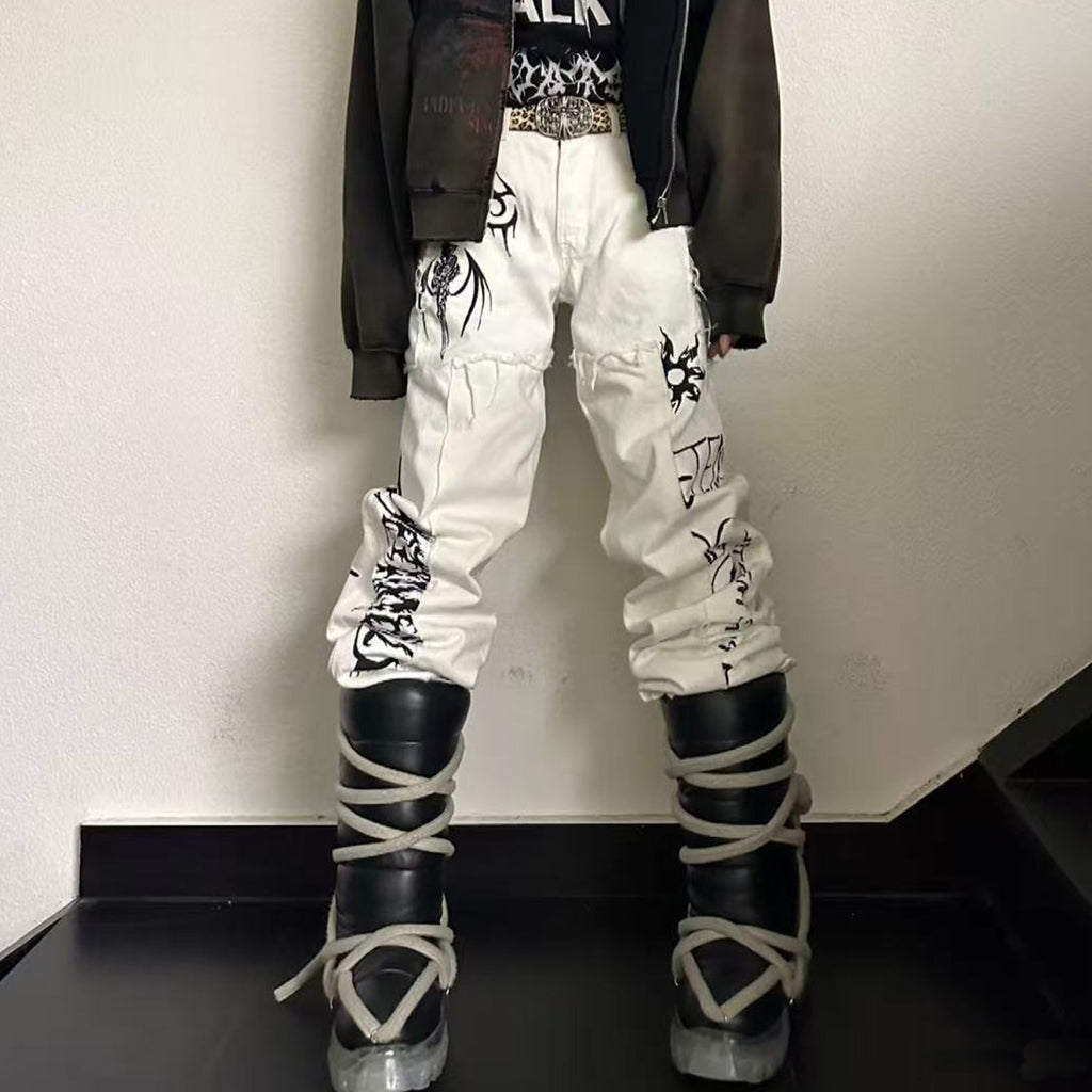 Vetements Men's High Street Vintage Show Co-branded Opium Deconstructed Splicing Tattoo Print White Denim Pants Fashion Trend Casual Pants Ngvp #2446