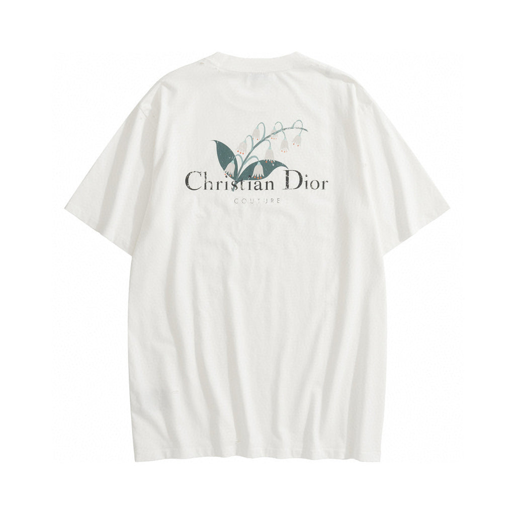Dior Men's Summer Solid Color Floral Pattern Letter Print Round Neck Cotton Short Sleeve T-Shirt #76577