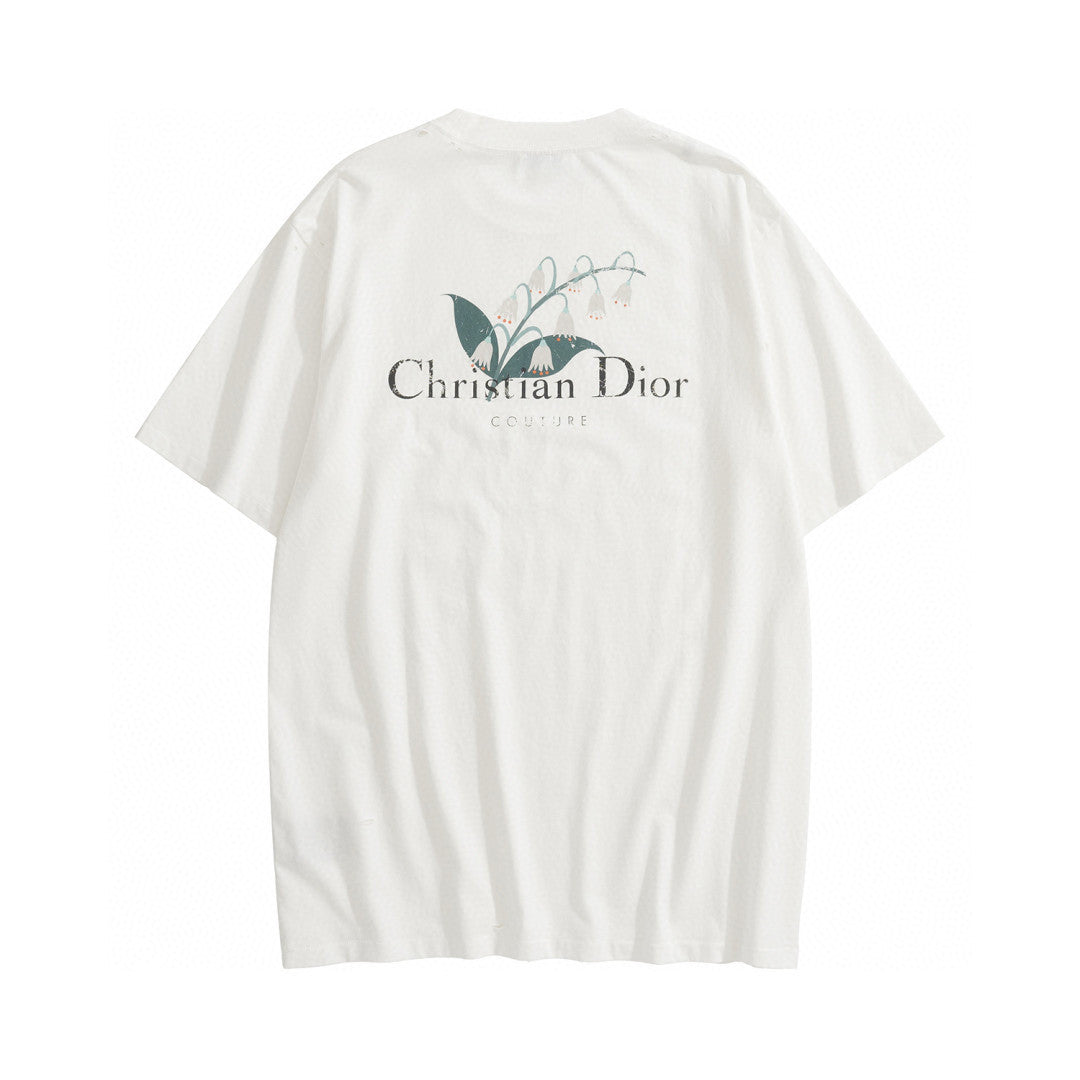Dior Men's Summer Solid Color Floral Pattern Letter Print Round Neck Cotton Short Sleeve T-Shirt #76577