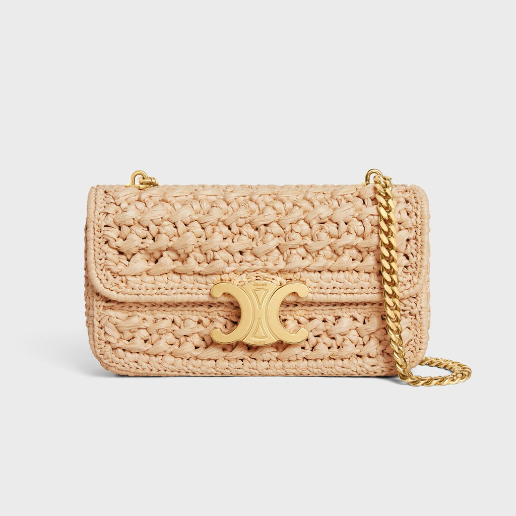 Celine TRIOMPHE Women's Monogrammed Gold Buckle Raffia Woven Solid Color Crossbody Shoulder Bag Bags #76673