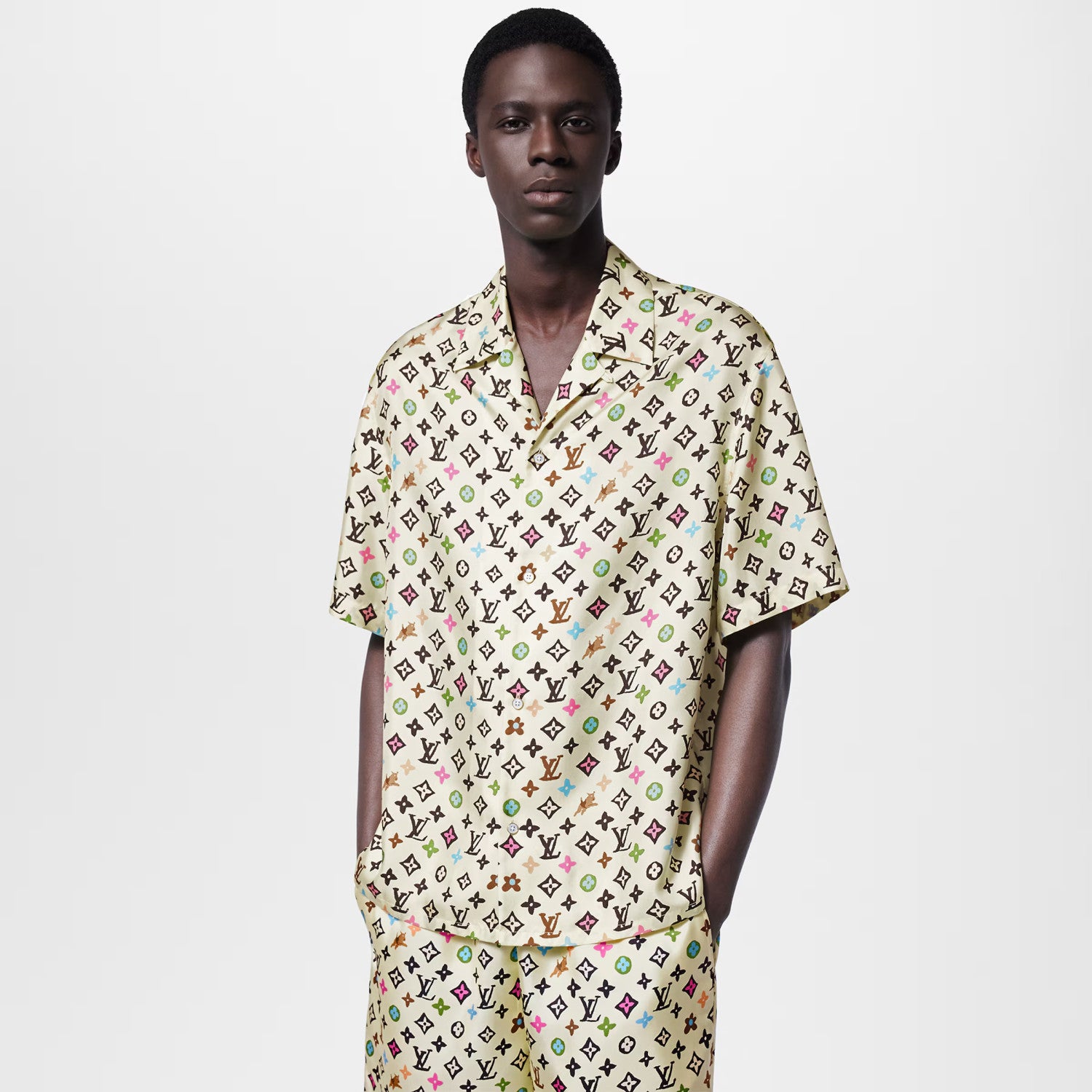 Louis Vuitton x Tyler MONOGRAM Printed Single-Breasted Mulberry Silk Loose Solid Color Summer Short Sleeve Shirt #71978