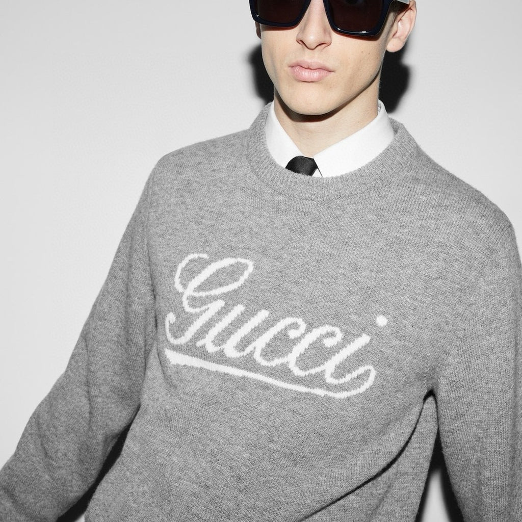 Gucci Men's Autumn and Winter Gray Logo Letter Applique Crew Neck Pullover Wool Long Sleeve Sweater #286788