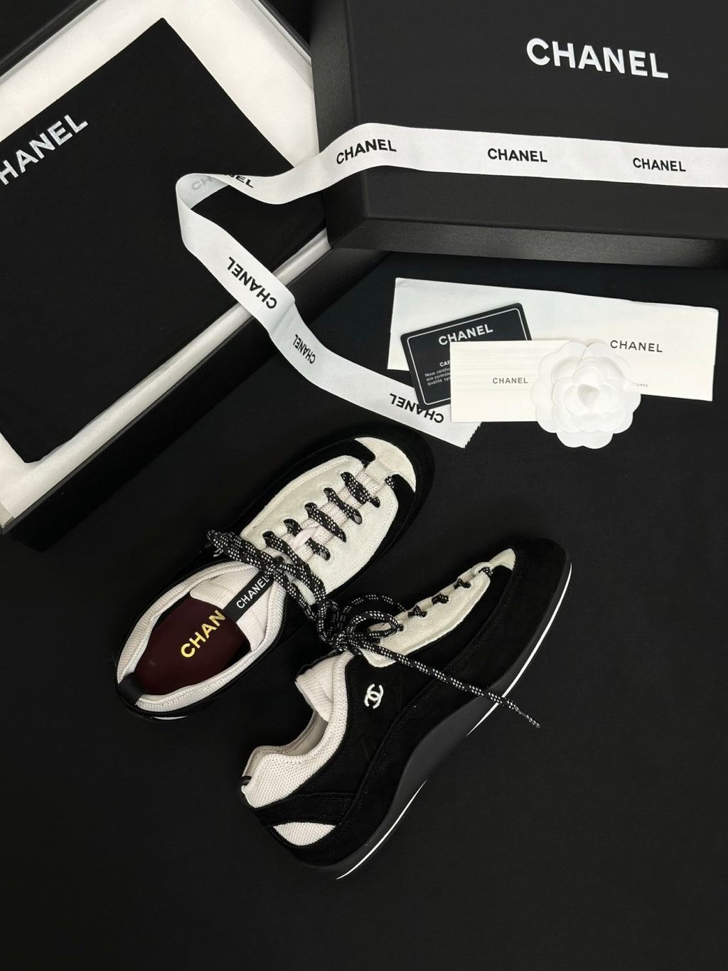 CHANEL Sneakers Velvet Calfskin Mixed Fibers Black White #386496
