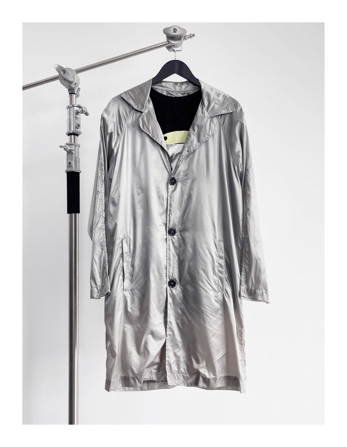 Raf Simons Men's Spring And Summer Punk Fake Two Pieces Splicing Silver Poplin Long Trench Coat Loose Jacket Ngvp #2464