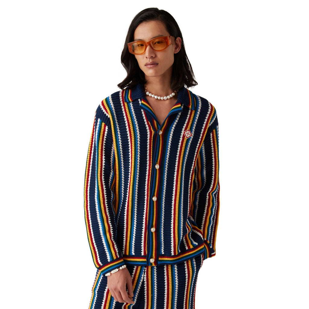 Casablanca Men's Spring And Summer Vertical Stripes Printed Single Breasted Long Sleeved Knitted Shirt Drawstring Tie Casual Knitted Shorts Suit Set #76349