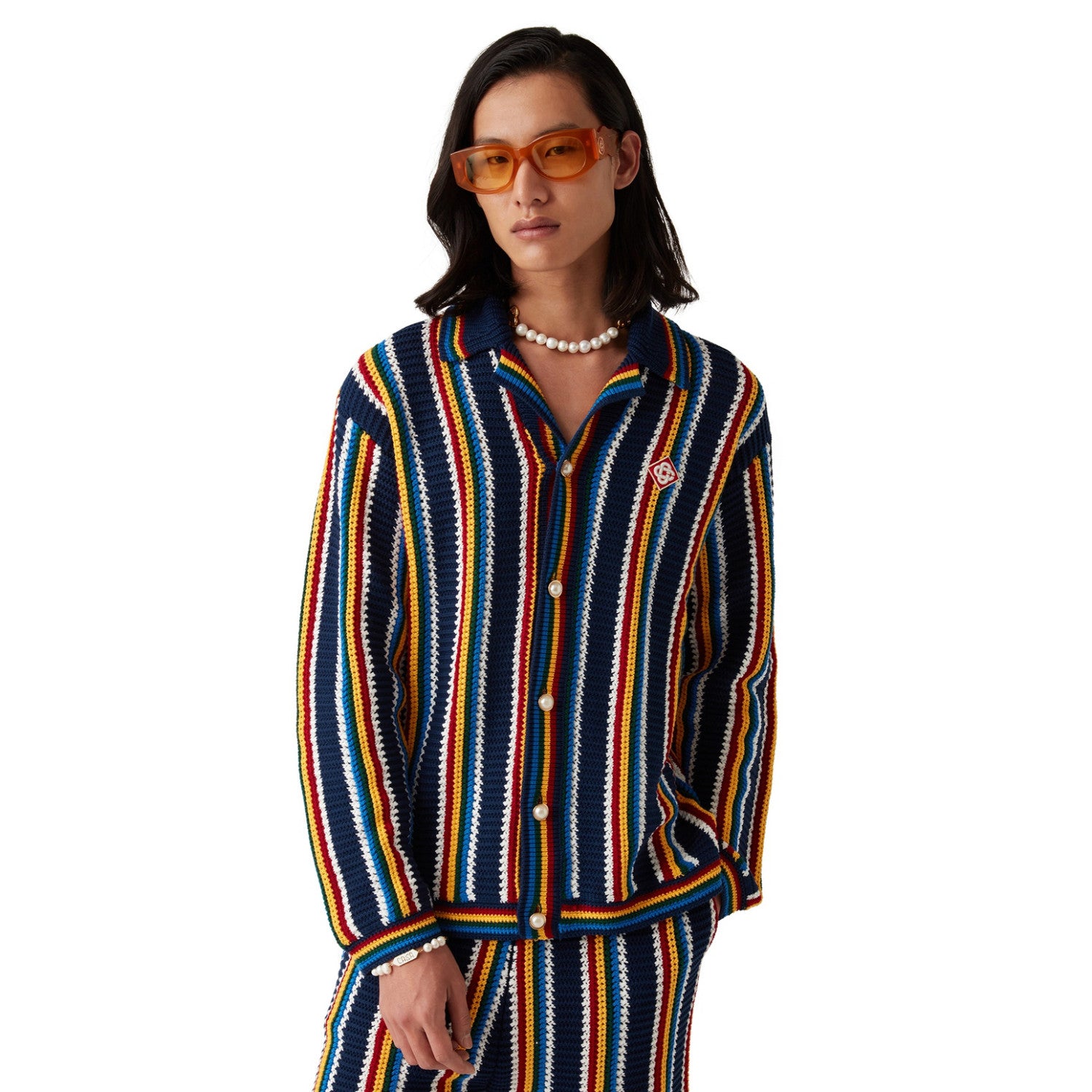 Casablanca Men's Spring And Summer Vertical Stripes Printed Single Breasted Long Sleeved Knitted Shirt Drawstring Tie Casual Knitted Shorts Suit Set #76349