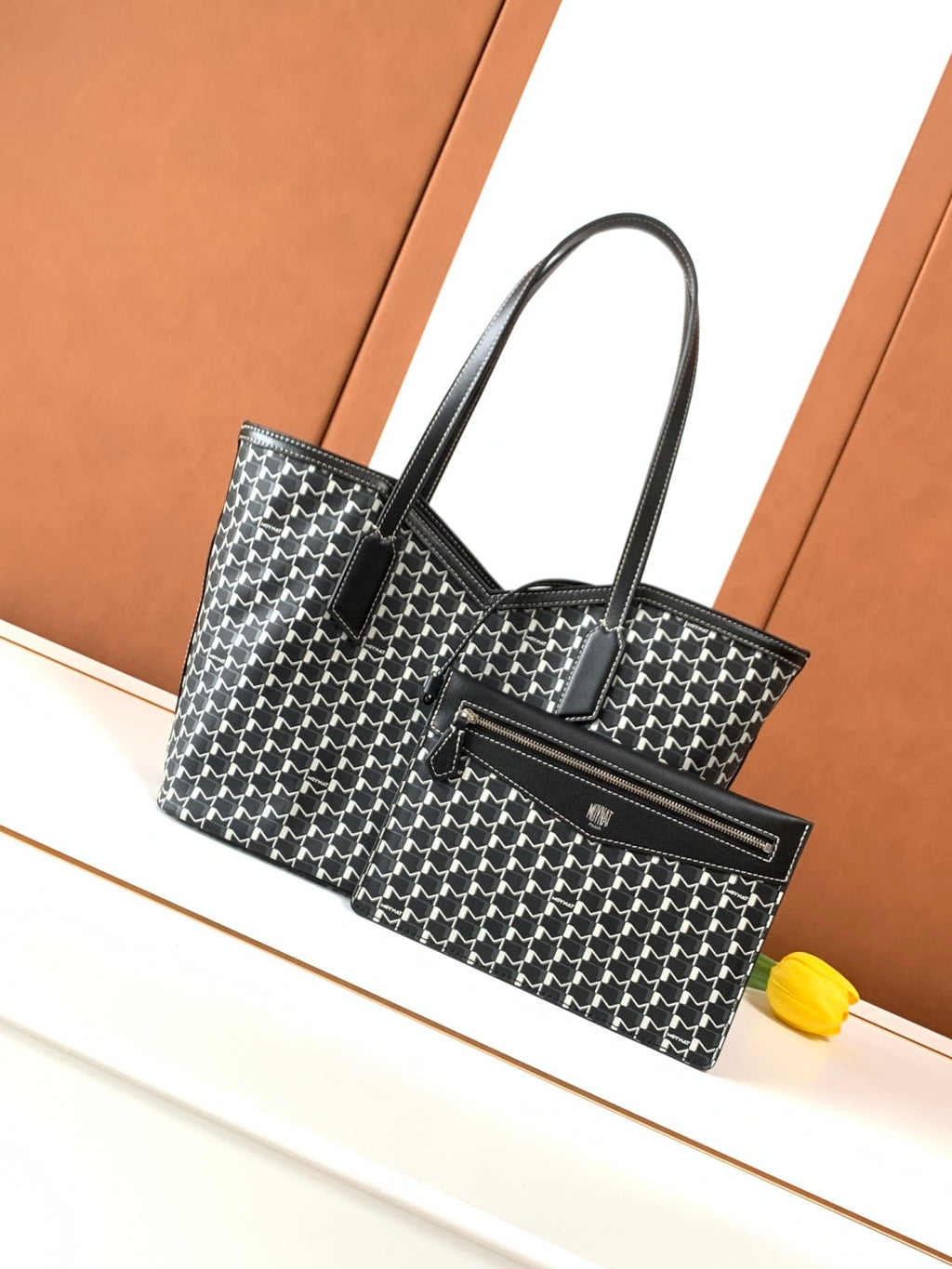 Moynat M Canvas Women's Classic Fashion Black And White Patchwork Canvas Tote Bag With Hook And Eye Closure Dual Use Handles And Shoulder Strap Bag Bags #78711