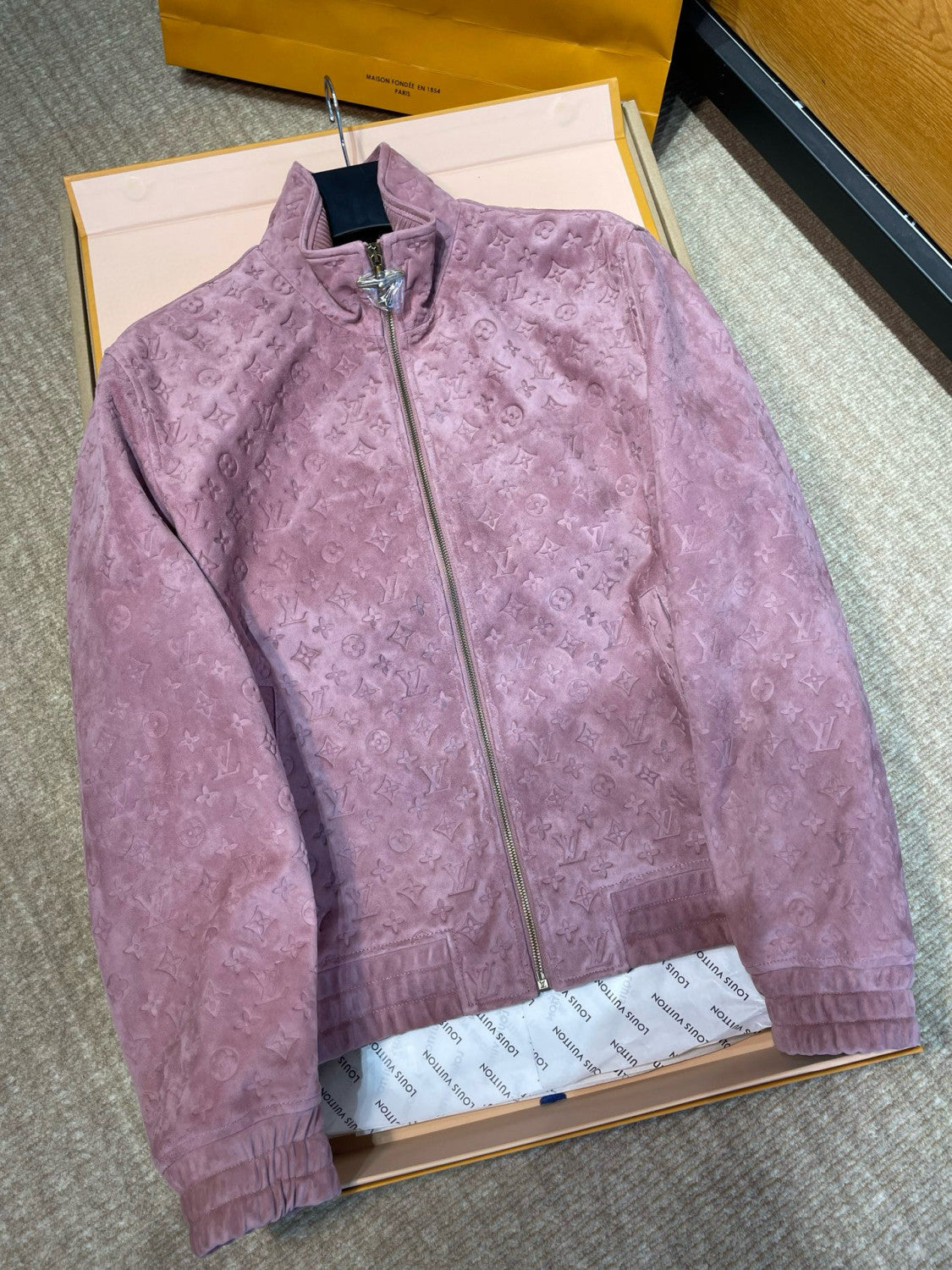 Louis Vuitton Men's Autumn/Winter Solid Color MONOGRAM Embossed Suede Leather Zipper Long Sleeve Sport Jacket #76177
