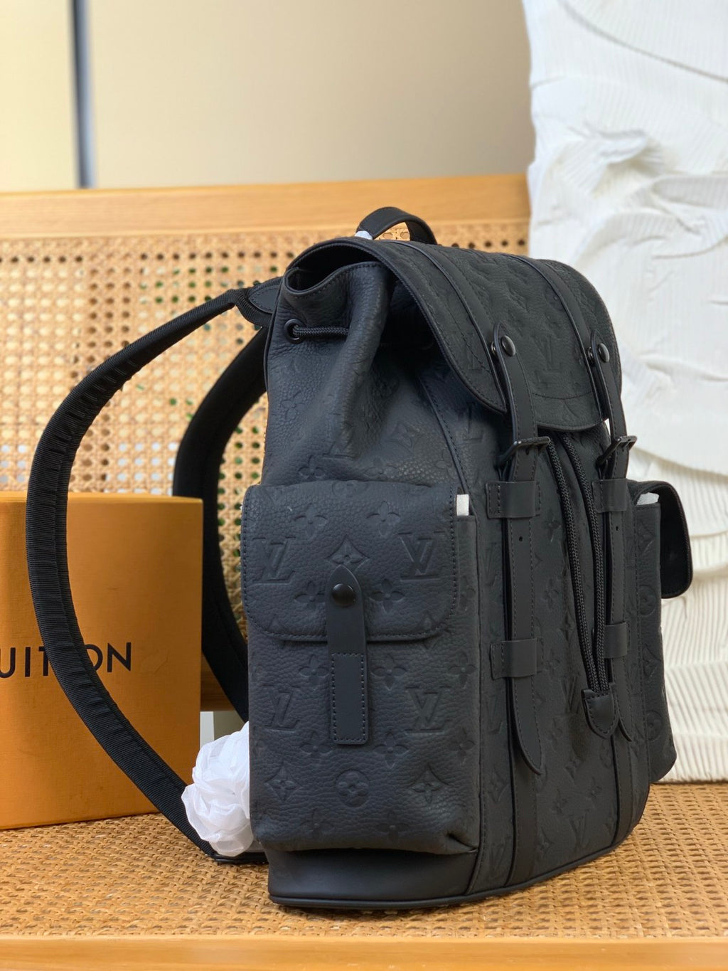 Louis Vuitton CHRISTOPHER Men's Black Dark Logo Printed Drawstring Flap Closure Cowhide Leather Backpack Shoulder Bag Bags #75563