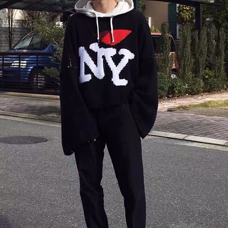 Raf Simons Men's Fall And Winter Black Ny Jacquard Round Neck Long Sleeve Knitted Sweater High Street Trend Casual Pullover Sweater Ngvp #2462