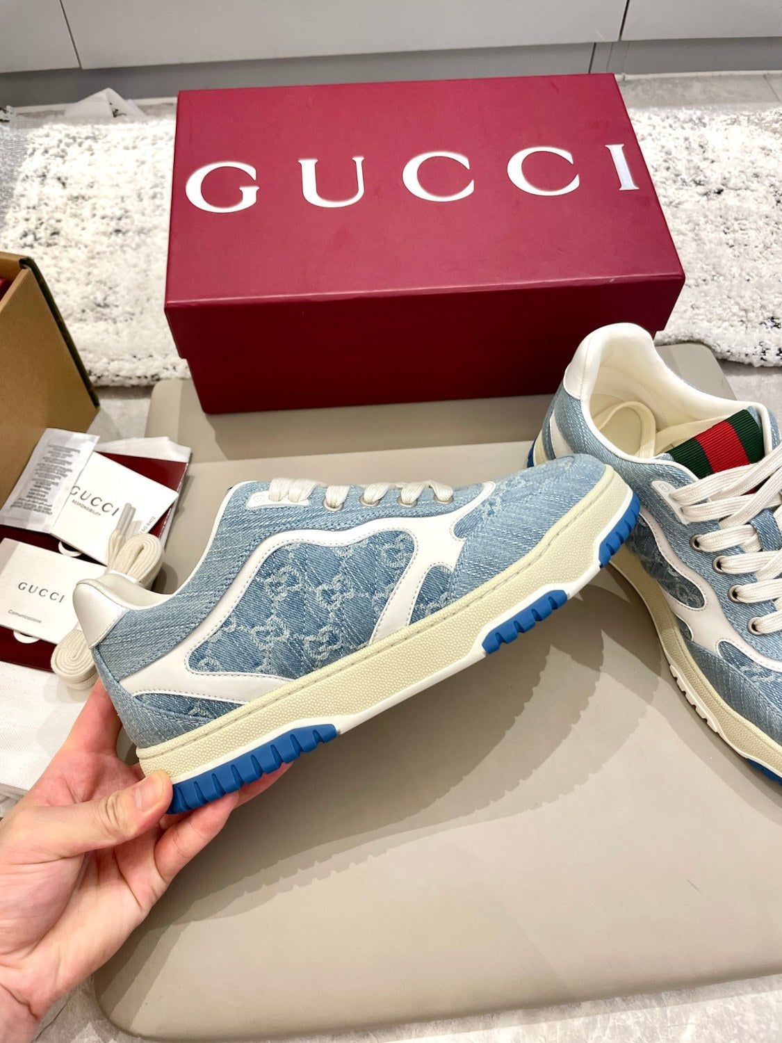 Gucci Re-Web Men's and Women's Alphabet Print Colorblock Leather Low Top Lace Up Casual Sneakers Shoes #77687