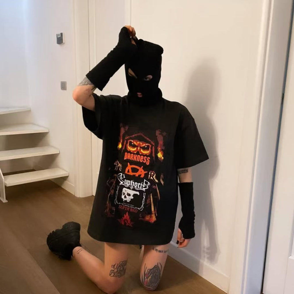 Vetements Men's Spring And Summer Skull Letters Printed Patch T-shirt Fashion Trend High Street Retro Black Loose T-shirt Ngvp #2455