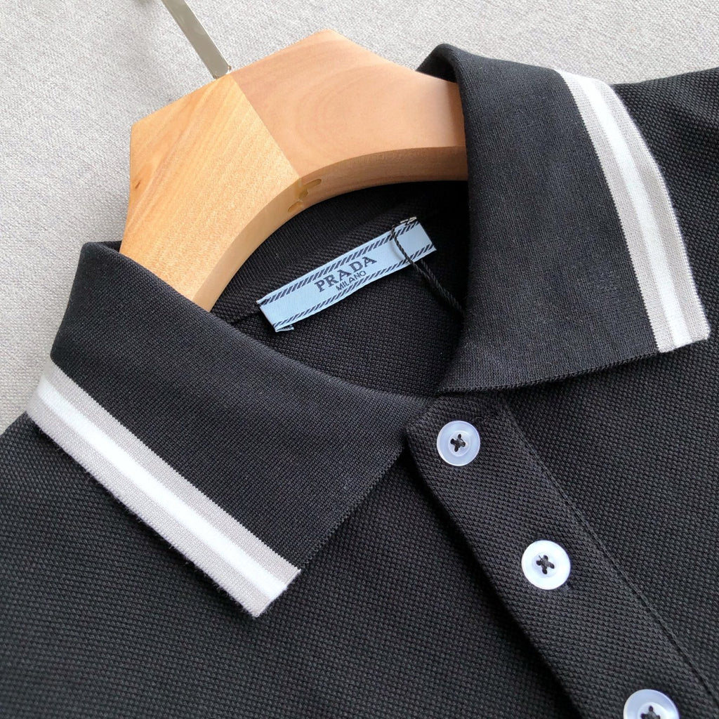 Prada Men's Summer Logo Colorblocked Lapel Cotton Short Sleeve Straight Polo Shirt #81275