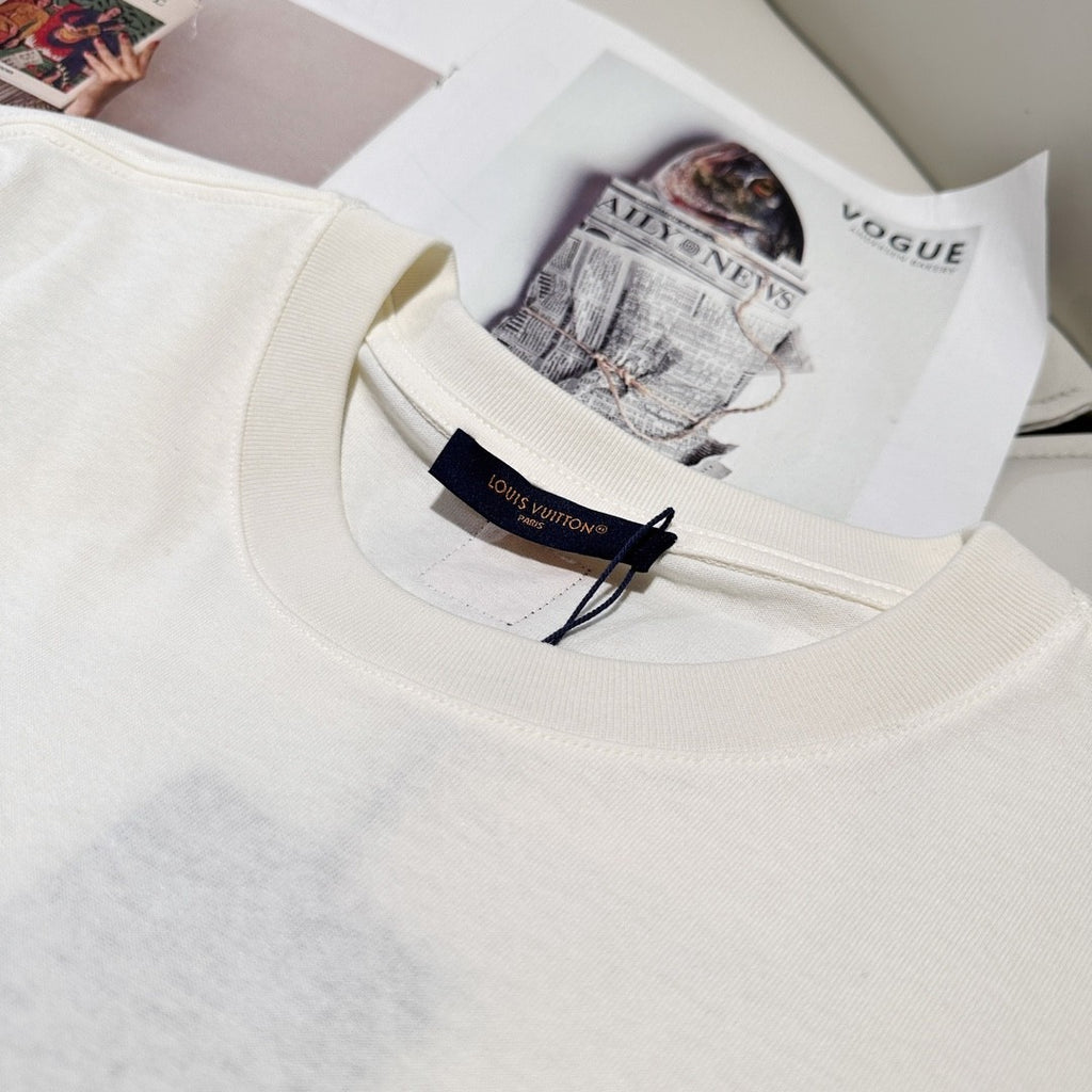 Louis Vuitton Men's Summer Embroidery Beaded Letter Logo White Round Neck Short Sleeve T-Shirt #99737