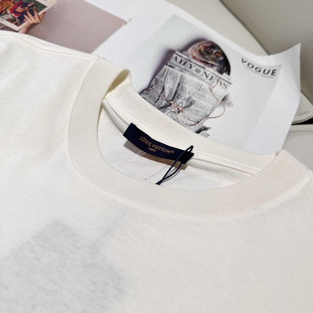 Louis Vuitton Men's Summer Embroidery Beaded Letter Logo White Round Neck Short Sleeve T-Shirt #99737
