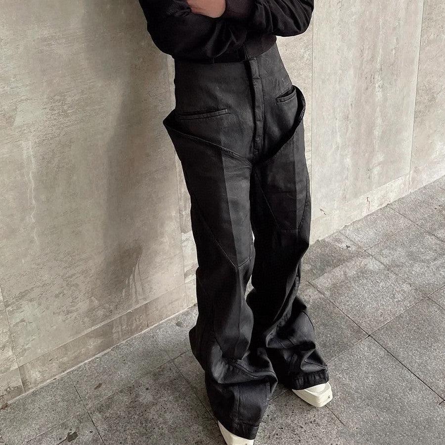 Rick Owens Men's Women's Four Seasons Solid Color Waxed High Waist Wide Leg Pants Casual Denim Flare Pants Ngvp #9666